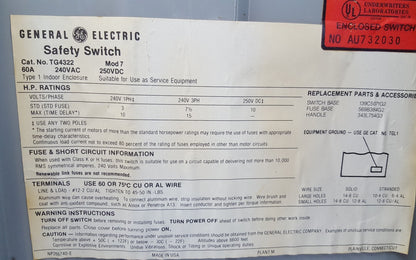 GE TG4322 MOD 7 FUSIBLE SAFETY SWITCH 60AMP 3POLE 240VAC 3PH 15HP 250VDC 10HP2