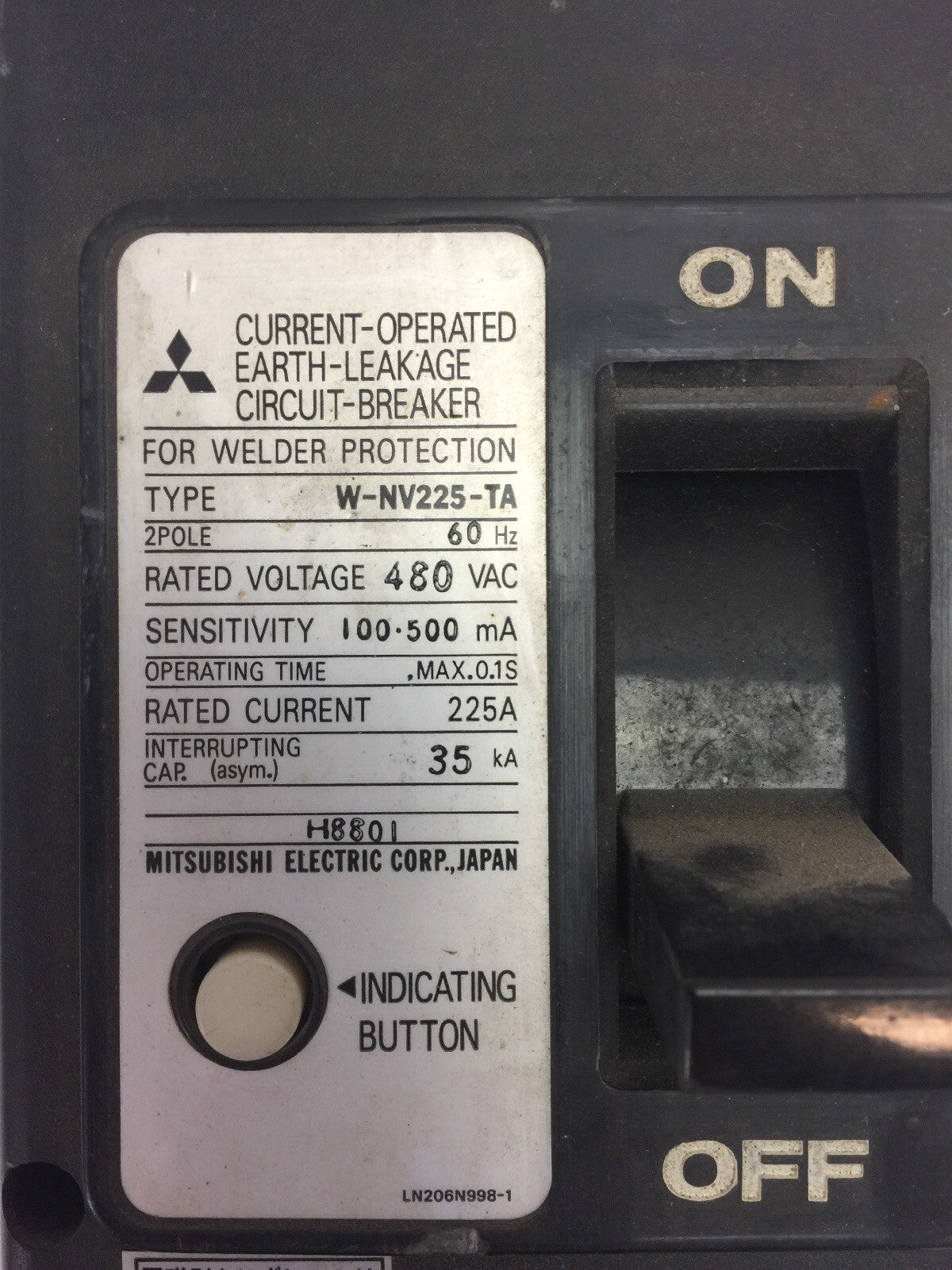 MITSUBISHI W-NV225-TA CURRENT-OPERATED EARTH-LEAKAGE CIRCUIT BREAKER 225A 480VAC1