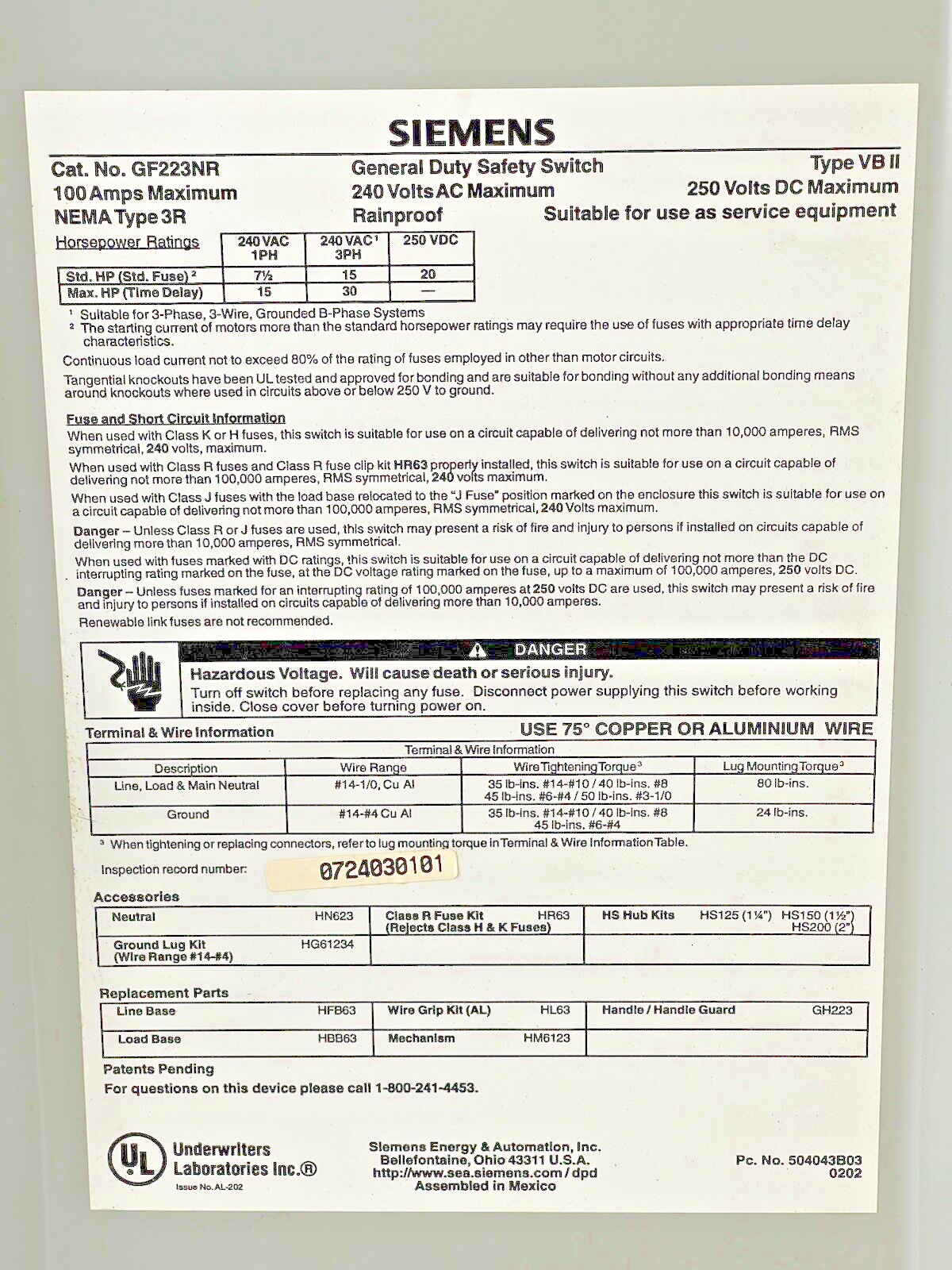 SIEMENS - GF223NR - RAINPROOF SAFETY SWITCH-2 POLE, 100A, 240 VAC, 250 VDC, 3R6