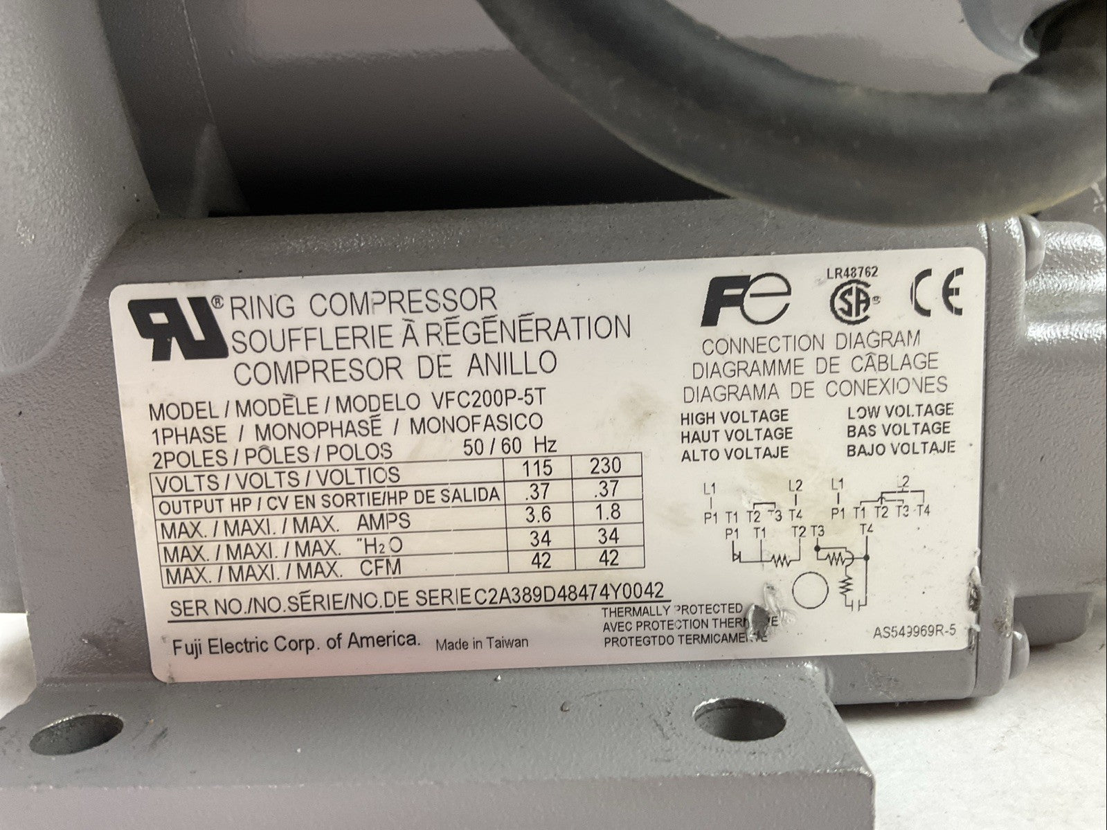 FUJI VFC200P-5T RING COMPRESSOR 1PH 2POLE 50/60HZ 115/230V 0.37HP 3.6/1.8AMPS1