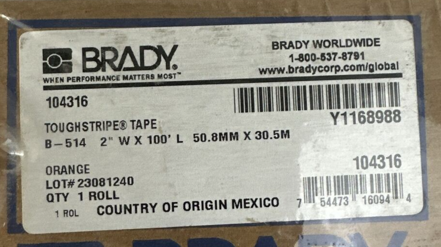BRADY B-514 2" X 100' 50.8MM X 30.5M ORANGE TOUGH STRIPE TAPE0