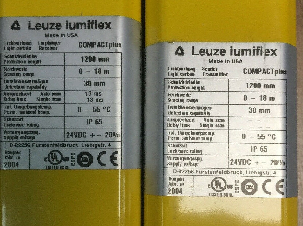 LEUZE LUMIFLEX LIGHT CURTAIN SET CPT30-1200/T3 TRANSMITTER CPR30-1200-b/T3 RECEI2