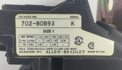 ALLEN BRADLEY 702-B0B93 AC CONTACTOR SER K SIZE 1 27 AMP 480V 60HZ 440V 50 HZ 1