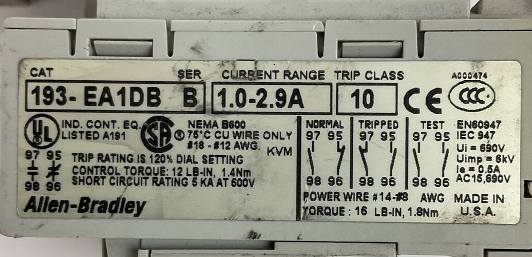 ALLEN BRADLEY STARTER 100-C09D*400 600VAC 25A 7.5HP COIL 24VDC 193-EA1DB 1-2.9A2