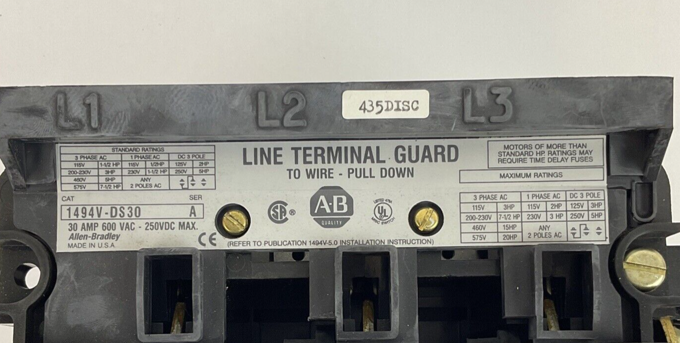 ALLEN-BRADLEY 1494V-DS30 LINE TERMINALGUARD  30A SER.A 600VAC 250VDC 1