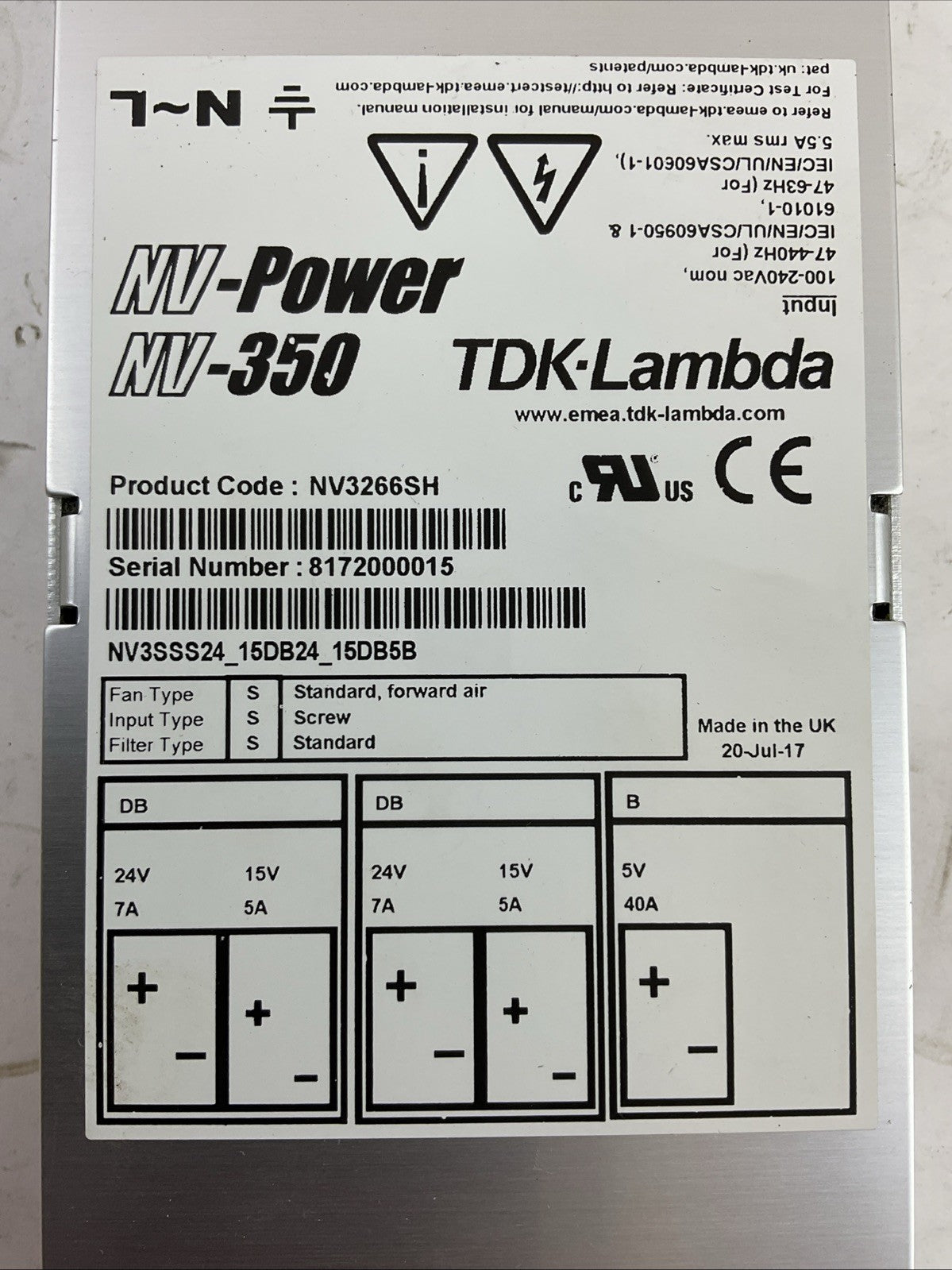 TDK-Lambda NV3266SH POWER SUPPLY NV-POWER NV-350 INPUT 100-240VAC1