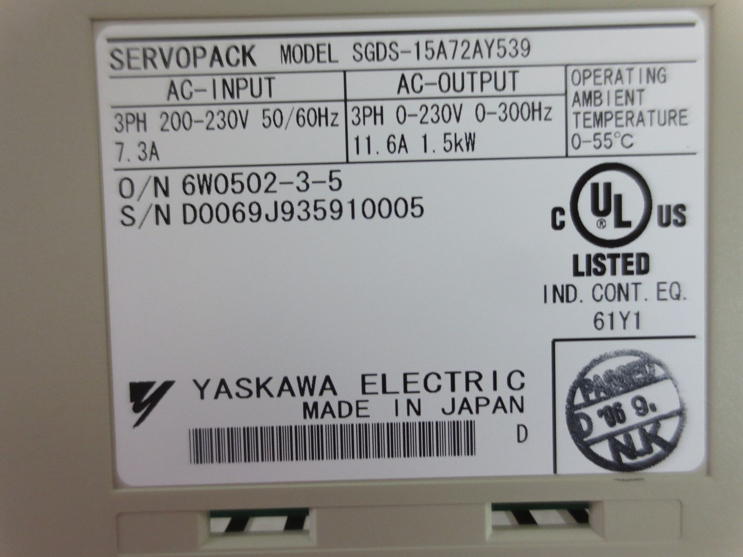 YASKAWA SGDS-15A72AY539 AC SERVOPACK OUTPUT: 230VAC, 0-300Hz 11.6A NEW SURPLUS3