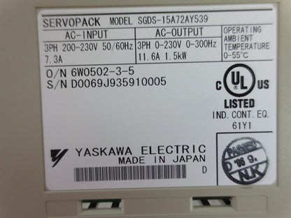 YASKAWA SGDS-15A72AY539 AC SERVOPACK OUTPUT: 230VAC, 0-300Hz 11.6A NEW SURPLUS3
