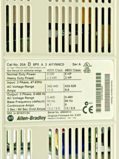 ALLEN-BRADLEY - 20AD8P0A3AYYNNC0 SER. A FW. 5.001 - POWERFLEX 70-480 VAC/3 PHASE1