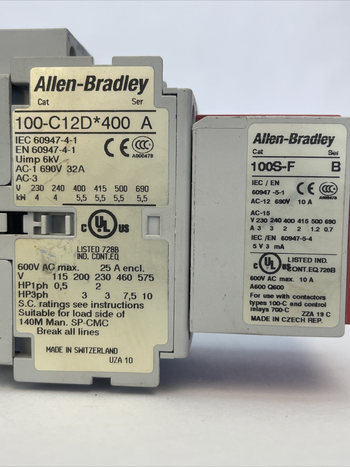 ALLEN BRADLEY 100S-C12DJ404BC CONTACTOR 600VAC 10HP (100-C12D*400 + 100S-F)24VDC6