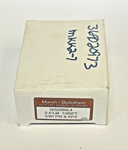 MARSH/ BELLOFORM - GG2560L4- PRESSURE GAUGE - 2.5" DIAMETER, 1/4" NPT, 0-60 PSI1