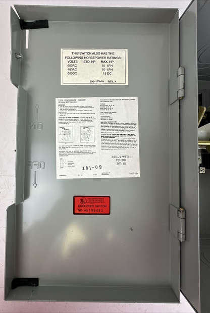 CHALLENGER HD361NFC HD SAFETY SWITCH 600VAC 30AMP 20HP 3 POLE NON-FUSIBLE TYPE 15