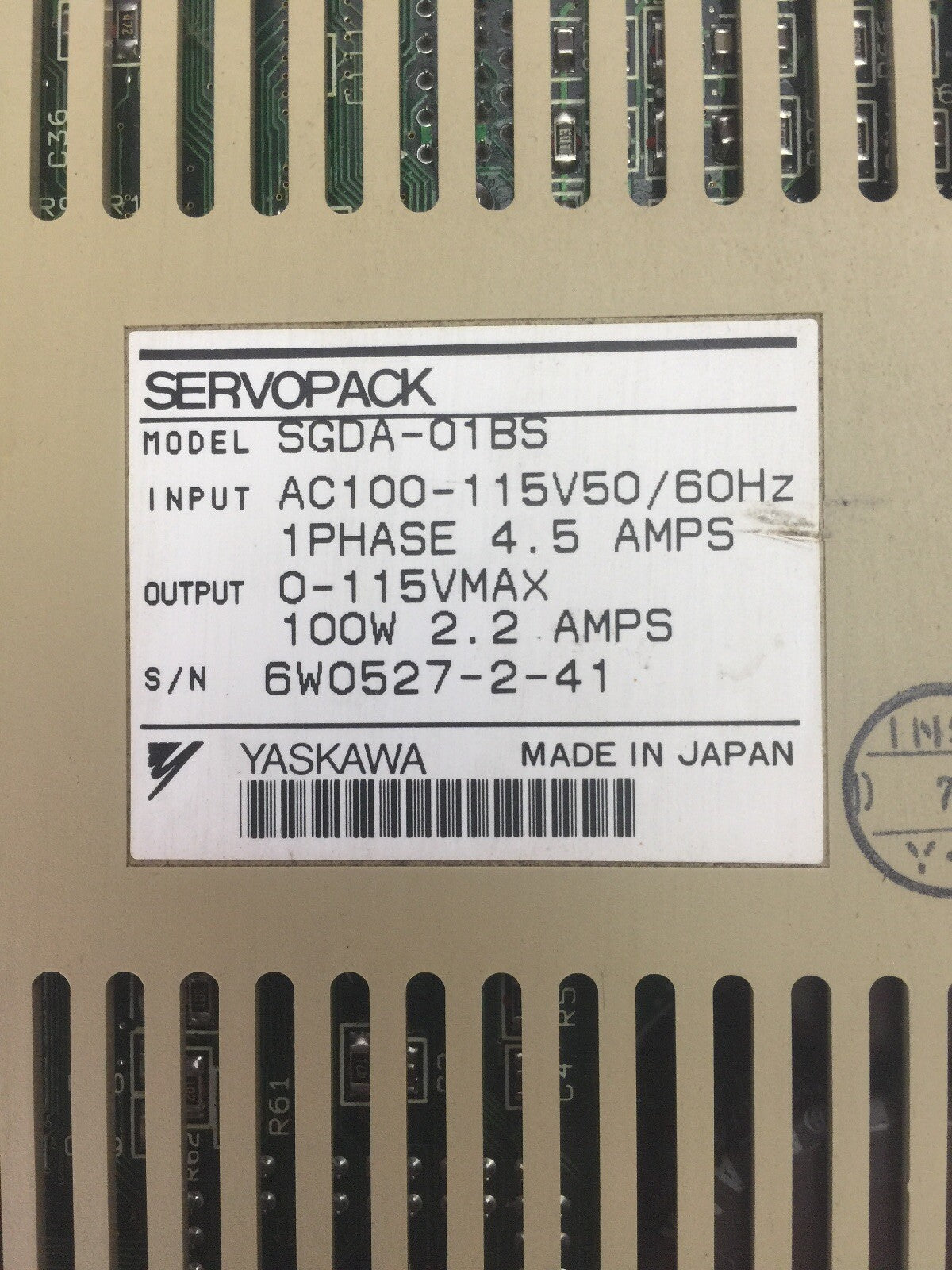 YASKAWA SGDA-01BS SERVOPACK INPUT 100-115VAC 1PH 4.5A OUTPUT 0-115V 100W 2.2AMPS1