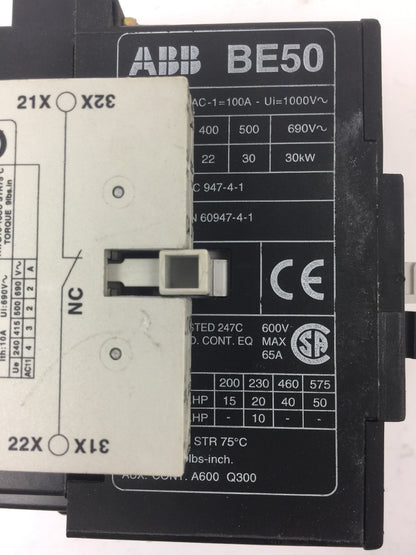 ABB BE50 CONTACTOR 600V 65A 3 POLE COIL 24VDC WITH CA L7 & CD L7 AUXILIARY CONTA1