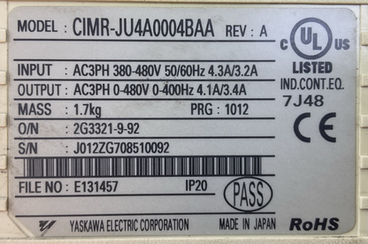 YASKAWA CIMR-JU4A0004BAA REV A J1000 AC DRIVE OUTPUT AC3PH 0-480V 4.1A/3.4A1
