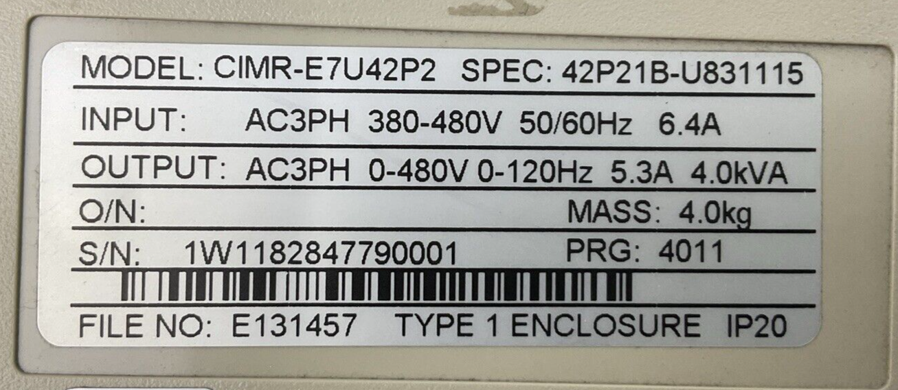 YASKAWA CIMR-E7U42P2 AC VARISPEED E7 DRIVE OUTPUT 3PH 0-480VAC 5.3A 4.0kVA INPUT1