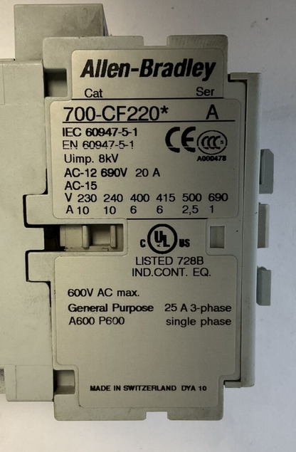 ALLEN BRADLEY 700-CF220* CONTACTOR SER.A 600VAC 25AMPS1