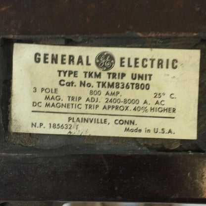 GE TKM836T800 TRIP UNIT 800 AMP 3 POLE MAG TRIP ADJ 2400-8000A1