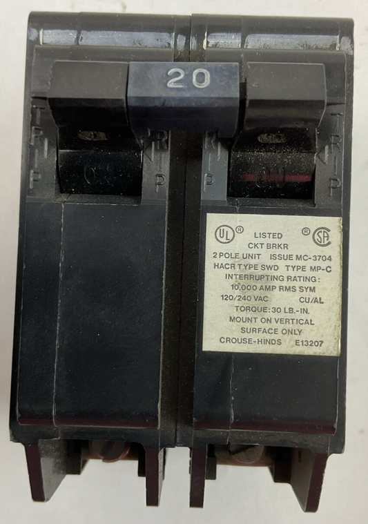 CROUSE-HINDS MP220 CIRCUIT BREAKER 20AMP 2POLE 120/240VAC TYPE MP-C0