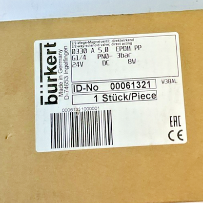 BURKERT 0330 A 5.0 SOLENIOD VALVE 3BAR  24VDC 8W2