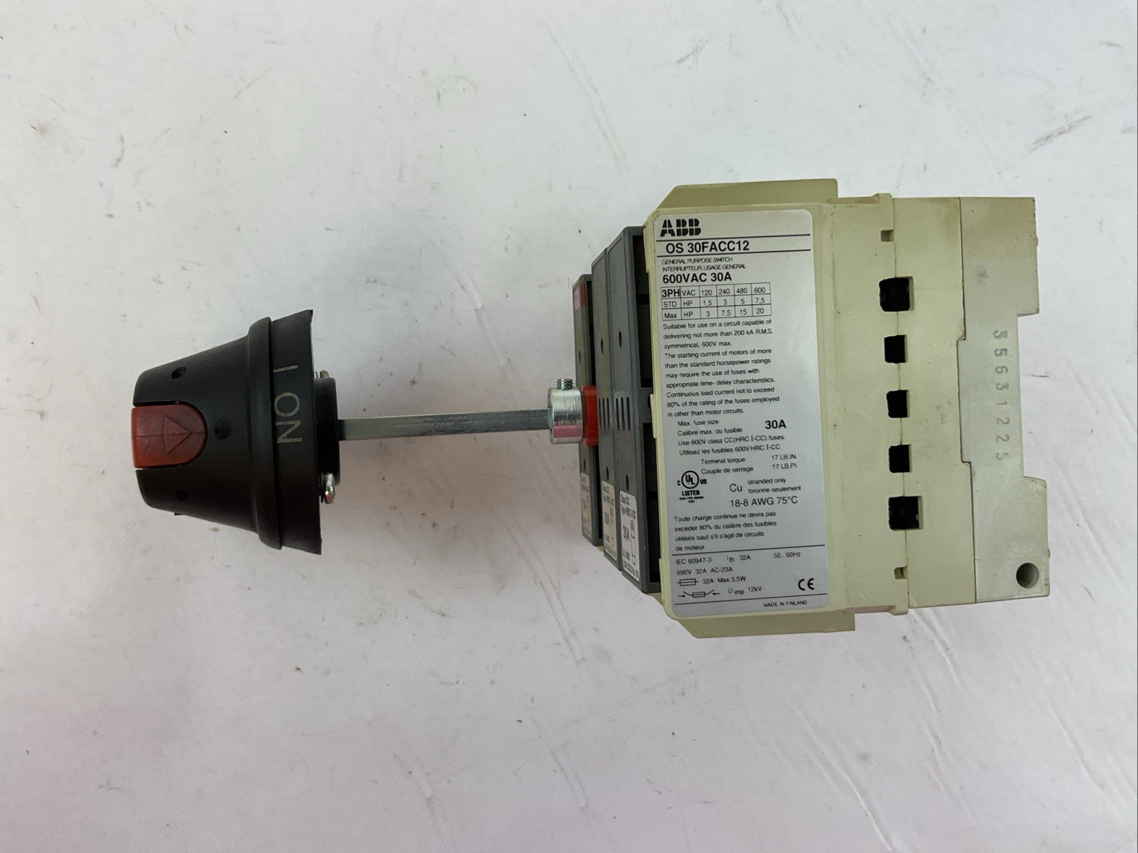 ABB OS 30FACC12 DISCONNECT SWITCH 600VAC 30A 3PH 20HP2