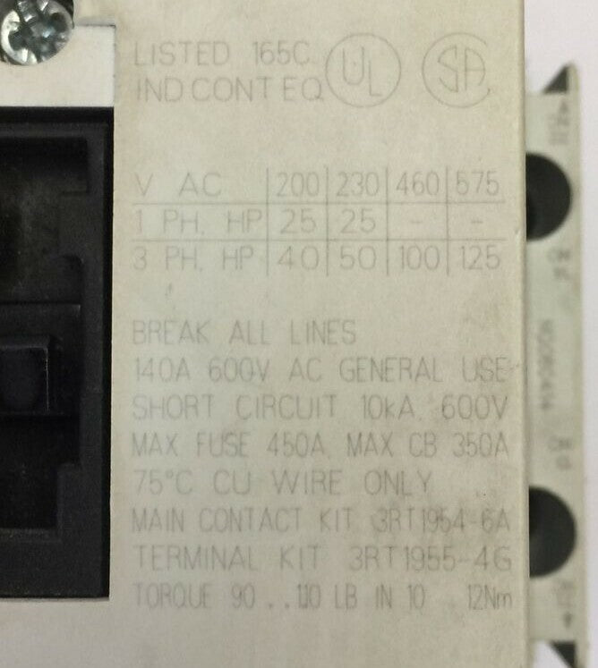 SIEMENS 3RT1054-6AF36 CONTACTOR 140A 600VAC 3PH 125HP COIL 110-127VDC 50/60HZ2