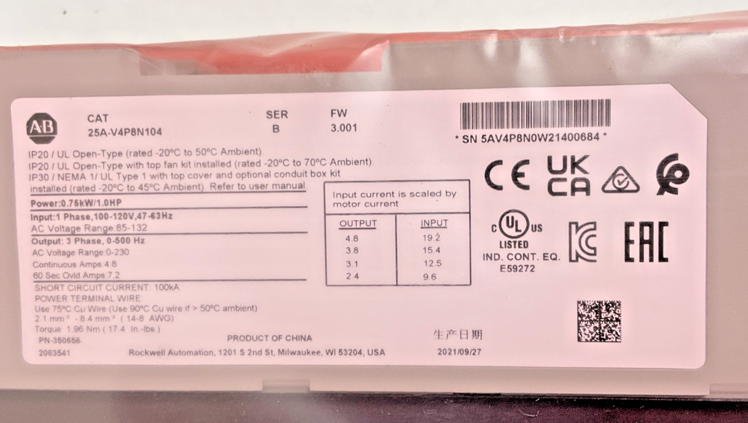 ALLEN BRADLEY 25A-V4P8N104 AC DRIVE 132V 1PH SER.B 1HP FW:3.001 4.8A5