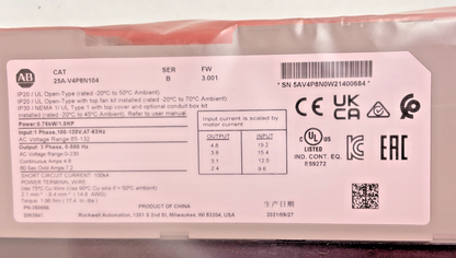ALLEN BRADLEY 25A-V4P8N104 AC DRIVE 132V 1PH SER.B 1HP FW:3.001 4.8A5