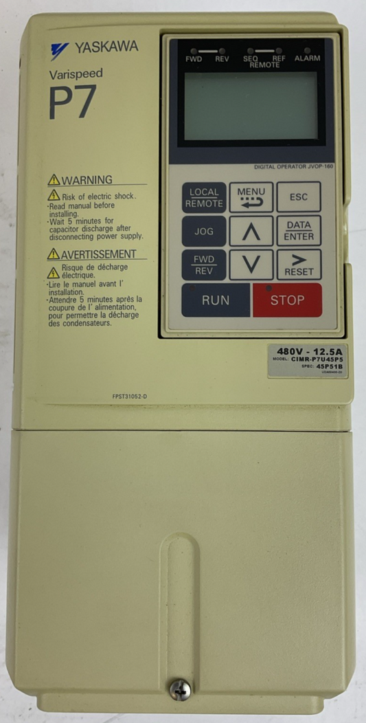 YASKAWA CIMR-P7U45P5 AC DRIVE OUTPUT 3PH 0-480V 12.5A 9.5kVA INPUT 3PH 380-480V0