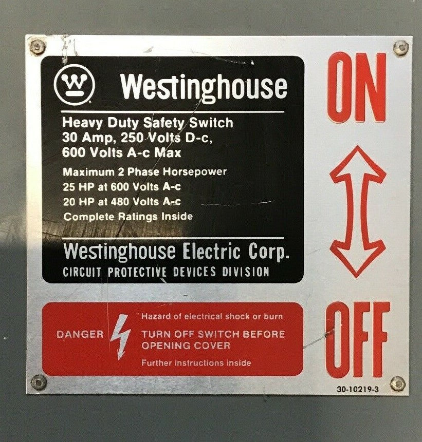 WESTINGHOUSE DH461UGK SAFETY SWITCH 30AMP 250VDC/600VAC 2PH 4POLE1