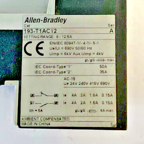 ALLEN BRADLEY 193-T1AC12 OVERLOAD RELAY SER.A 9-12.5A6