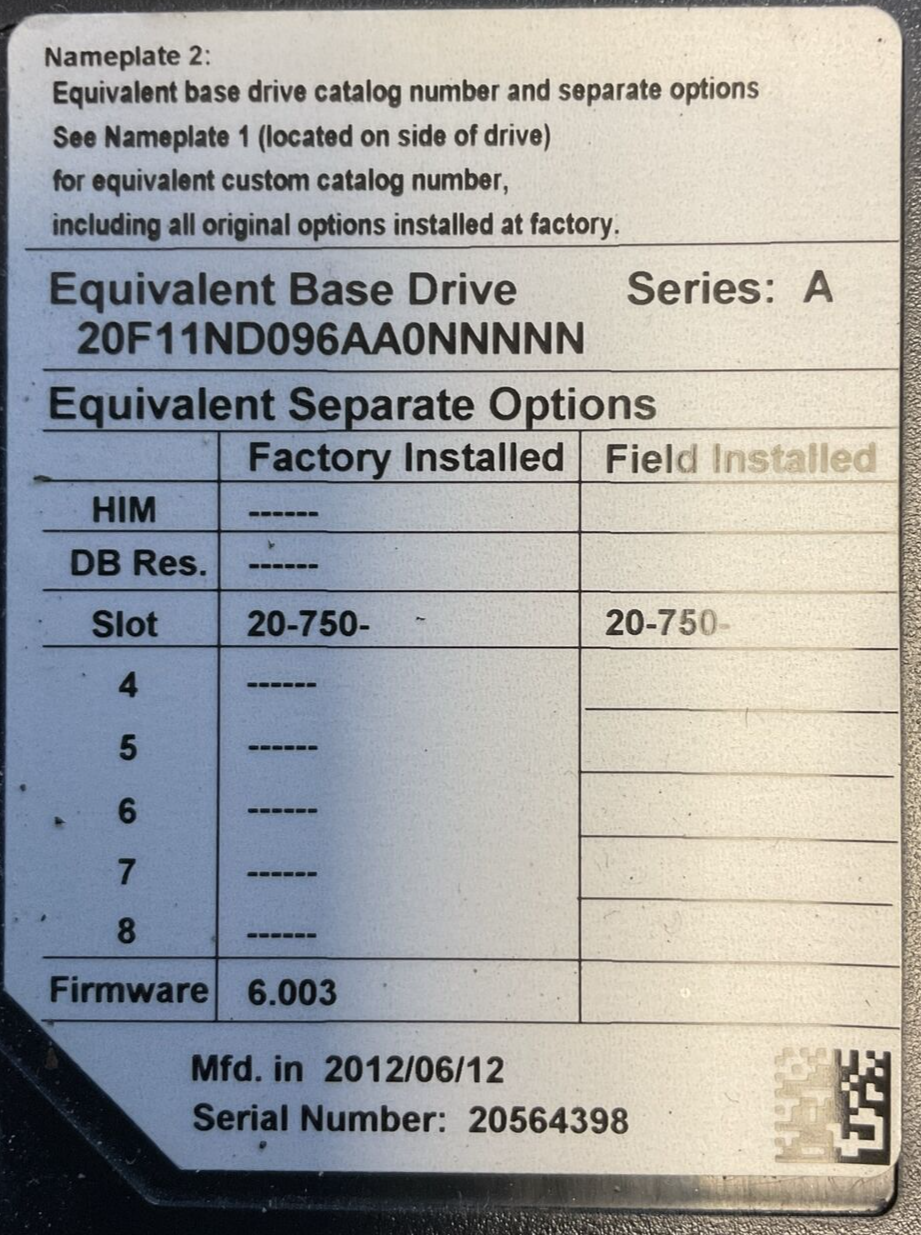 ALLEN BRADLEY 20F11ND096AA0NNNNN POWERFLEX 753 AC DRIVE FW 6.003 SER A **PARTS**2