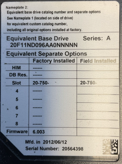 ALLEN BRADLEY 20F11ND096AA0NNNNN POWERFLEX 753 AC DRIVE FW 6.003 SER A **PARTS**2