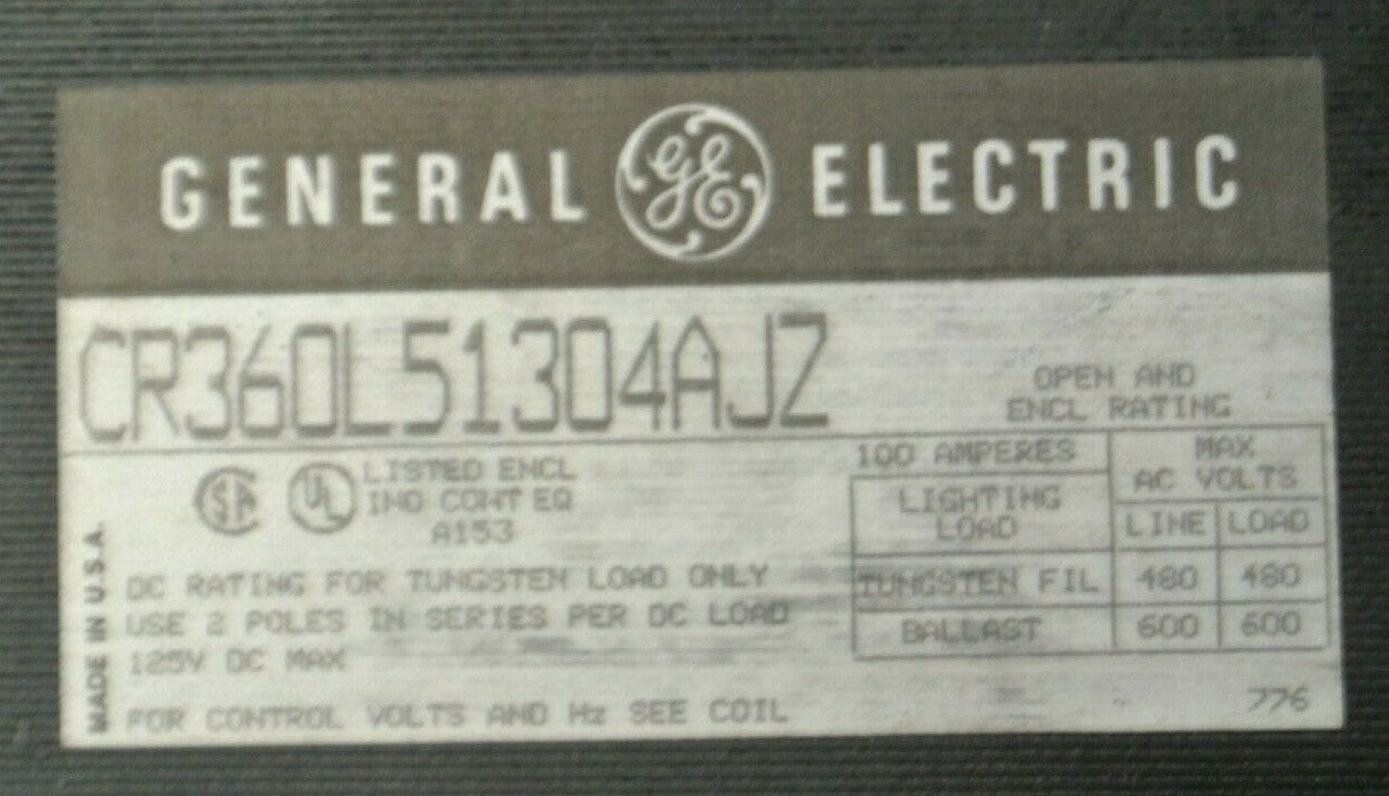 GENERAL ELECTRIC CR360L51304AJZ LIGHTING CONTACTOR / 110-120V COIL1
