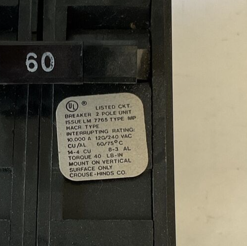 CROUSE-HINDS MP260 2POLE 60A CIRCUIT BREAKER 120/240VAC1