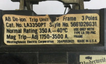 WESTINGHOUSE LA3350PT AB DE-ION TRIP UNIT 3POLE 350AMP 5661D26G311