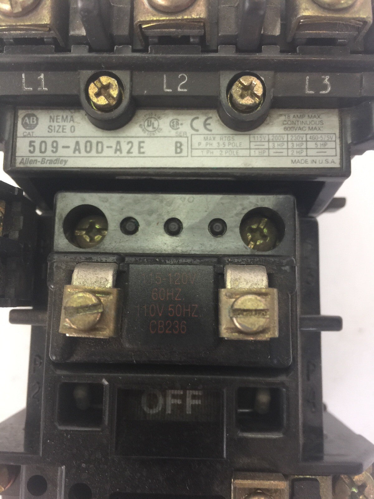 ALLEN BRADLEY 509-A0D-A2E SIZE 0 CONTACTOR 600VAC 18AMP SER B 5HP COIL 115-120V1