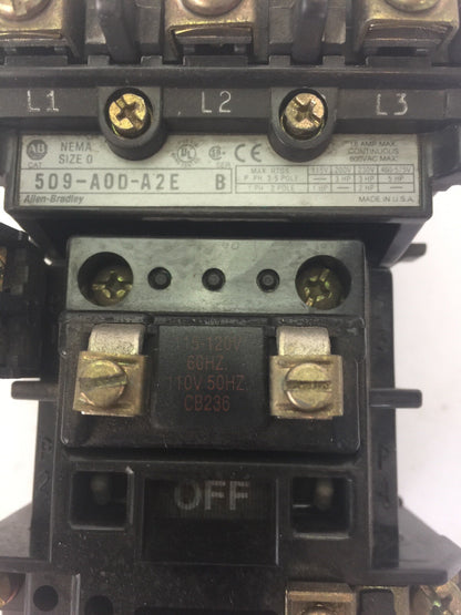 ALLEN BRADLEY 509-A0D-A2E SIZE 0 CONTACTOR 600VAC 18AMP SER B 5HP COIL 115-120V1