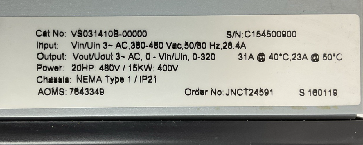 JOHNSON CONTROLS VS031410B-00000 VARIABLE SPEED DRIVE POWER 20HP 480VAC1