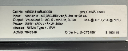 JOHNSON CONTROLS VS031410B-00000 VARIABLE SPEED DRIVE POWER 20HP 480VAC1