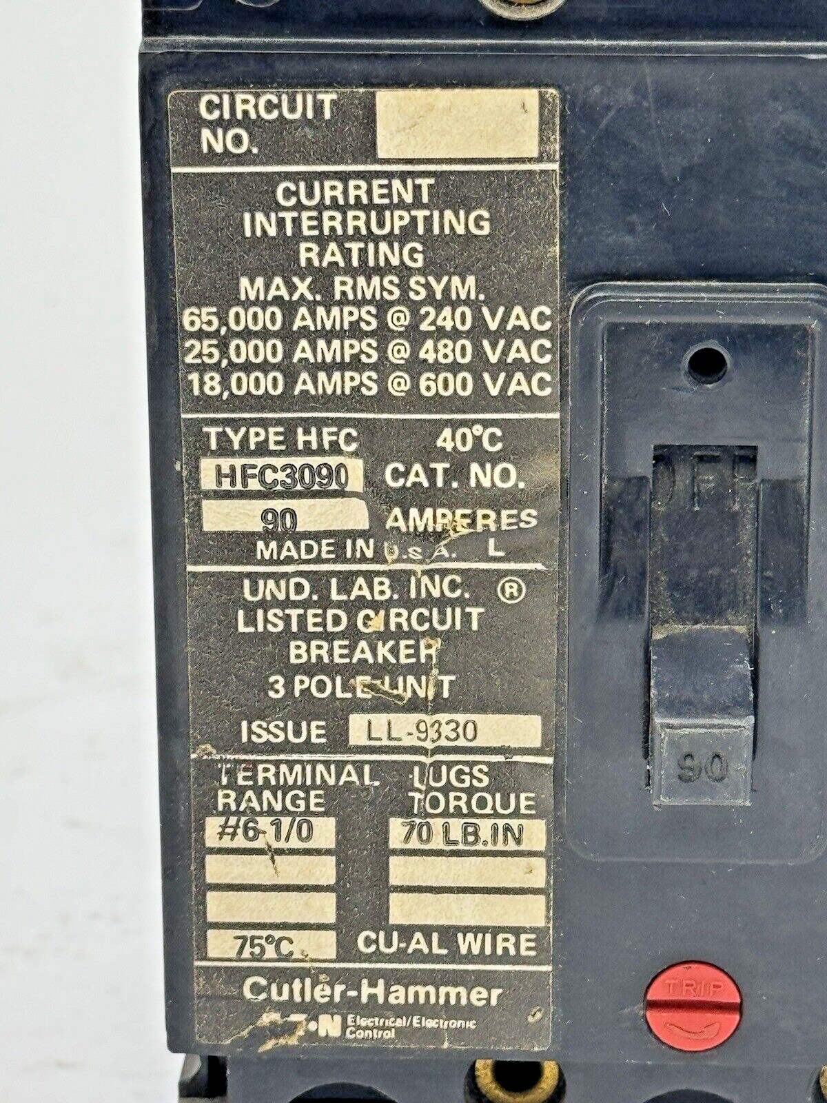 CUTLER-HAMMER - HFC3090 - CIRCUIT BREAKER - 90A/ 600 VAC/ 3 POLE2
