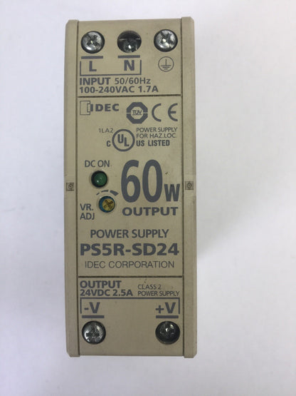 IDEC PS5R-SD24 POWER SUPPLY INPUT 100-240VAC 1.7A OUTPUT 24VDC 2.5A 60W0