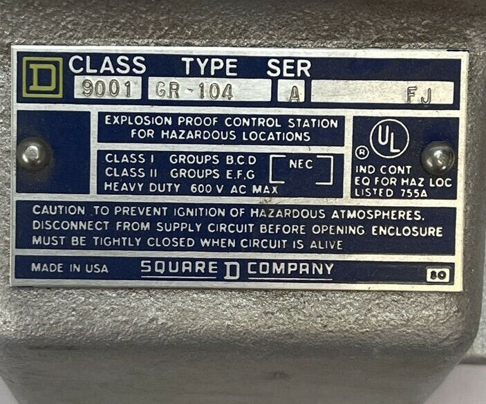SQUARE D CLASS 9001 TYPE GR-104 SER A PUSHBUTTON RESET STATION 600VAC1