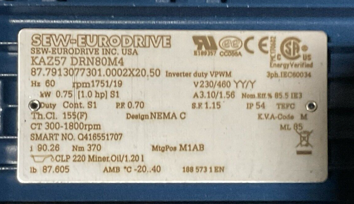 SEW-EURODRIVE KAZ57 DRN80M4 GEAR MOTOR HZ 60 rpm 1751/19 V230/460 YY/Y1