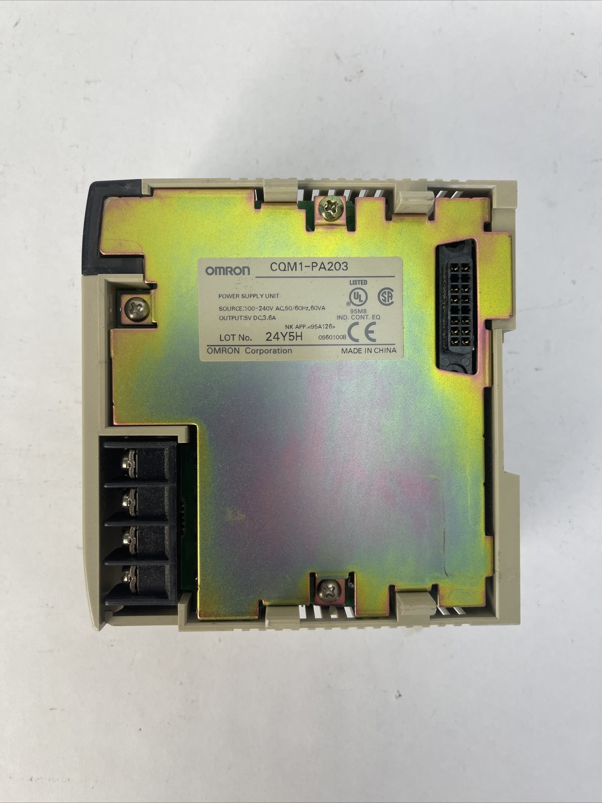 OMRON CQM1-PA203 POWER SUPPLY UNIT OUTPUT 5VDC 3.6A SOURCE 100-240VAC 60VA 2