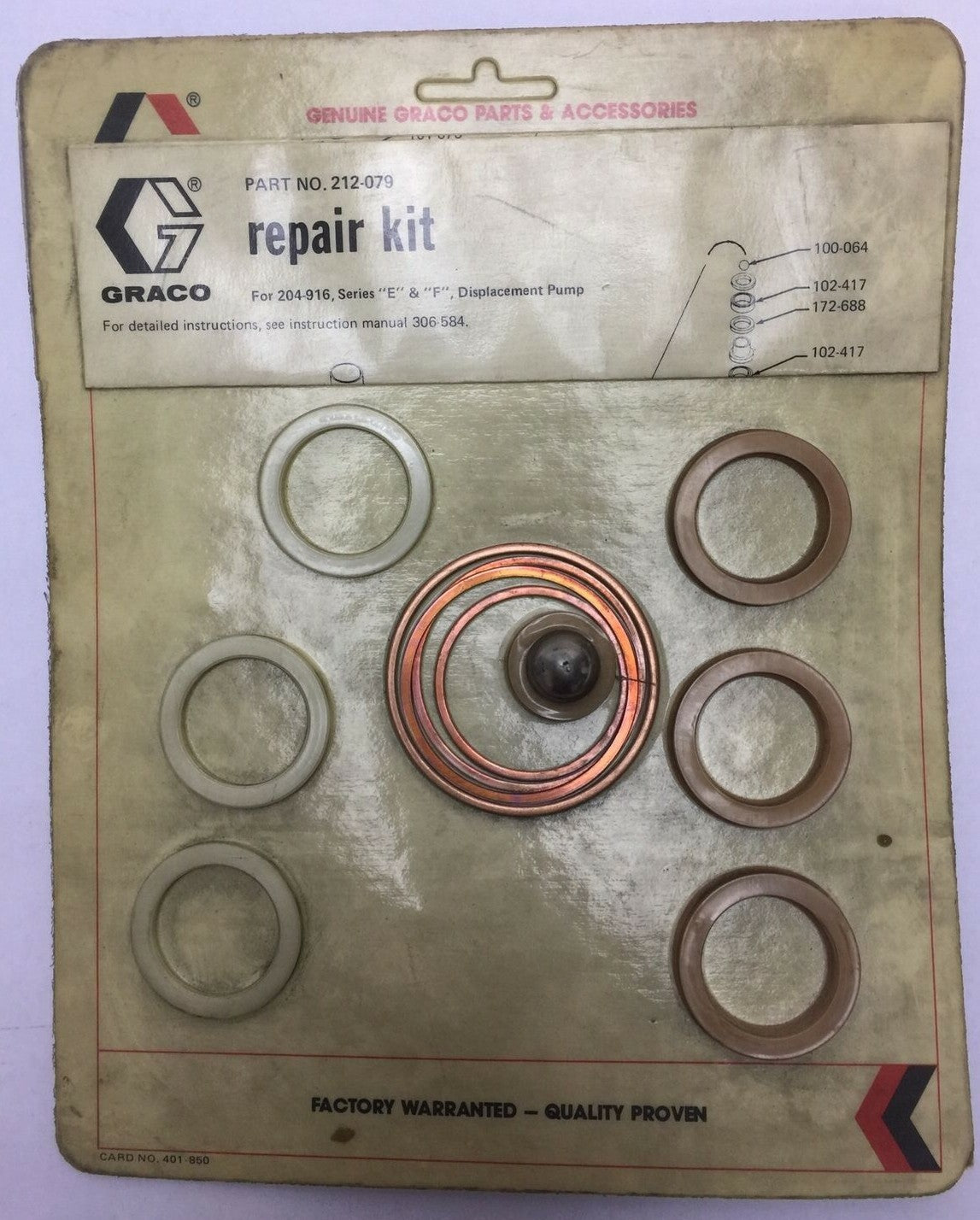 GRACO 212-079 REPAIR KIT FOR 204-916 SERIES "E" & "F" DISPLACEMENT PUMP0