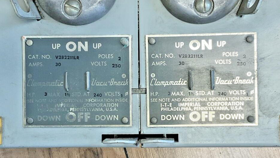 ITE V2B2211LR CLAMPMATIC VACU-BREAK PANELBOARD SWITCH 30A 250V 2POLE 3HP1