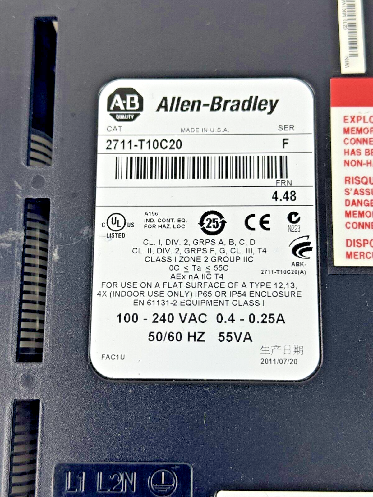ALLEN-BRADLEY - 2711-T10C20 SER. F/ FRN 4.48 - PANELVIEW 1000 ASSEMBLED TERM3