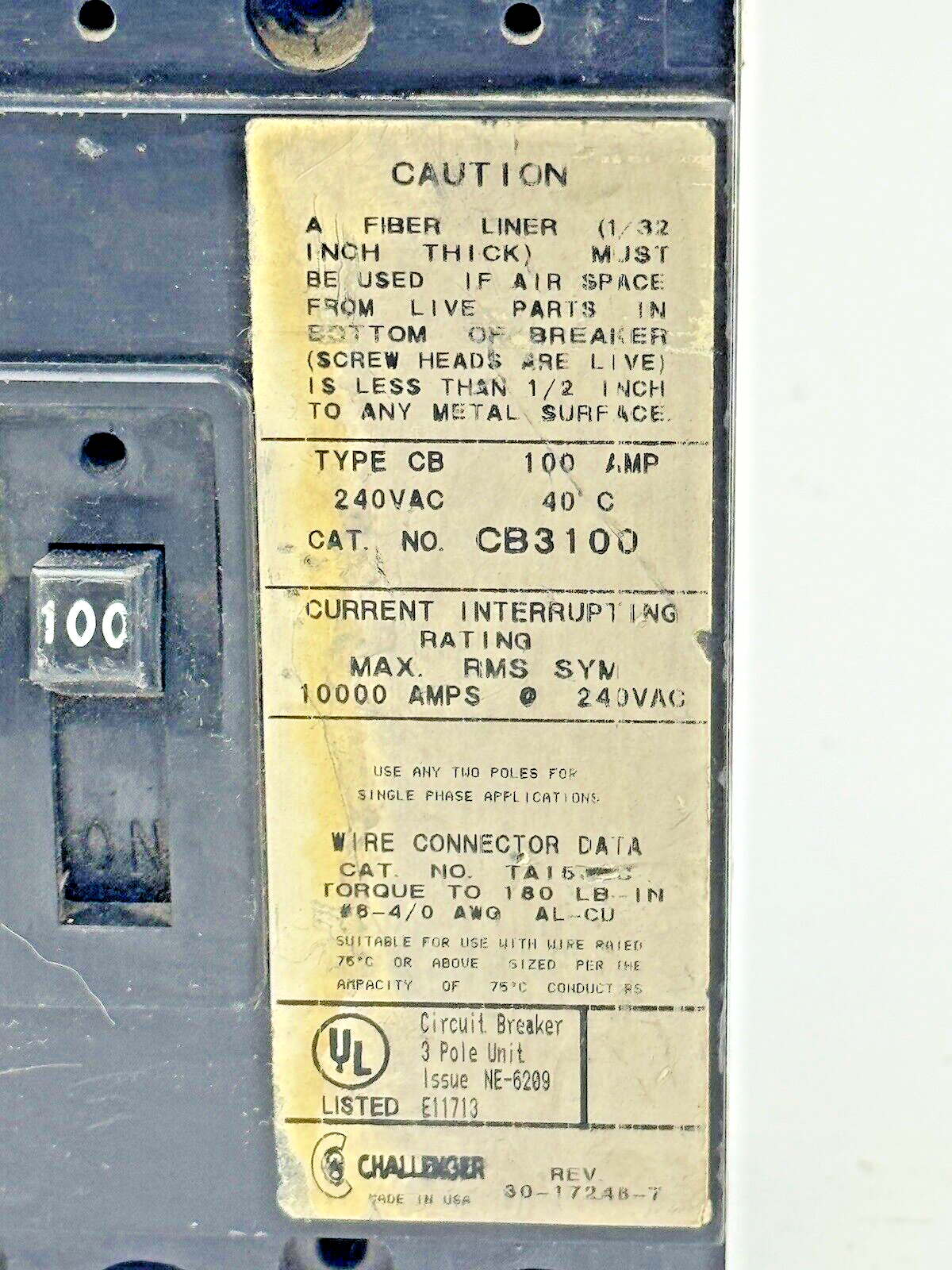 CHALLENGER - CB3100 - CIRCUIT BREAKER - 100A/3 POLE/240 VAC *NO FIBER LINER2