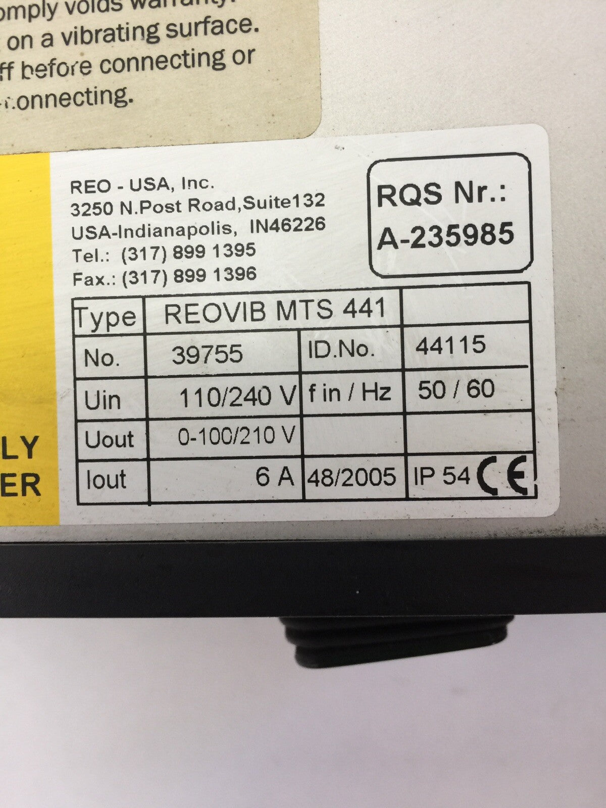 REO REOVIB MTS 441 VARIABLE FREQUENCY CONTROL 110/240V 50/60HZ OUT 0-100/210V 6A1